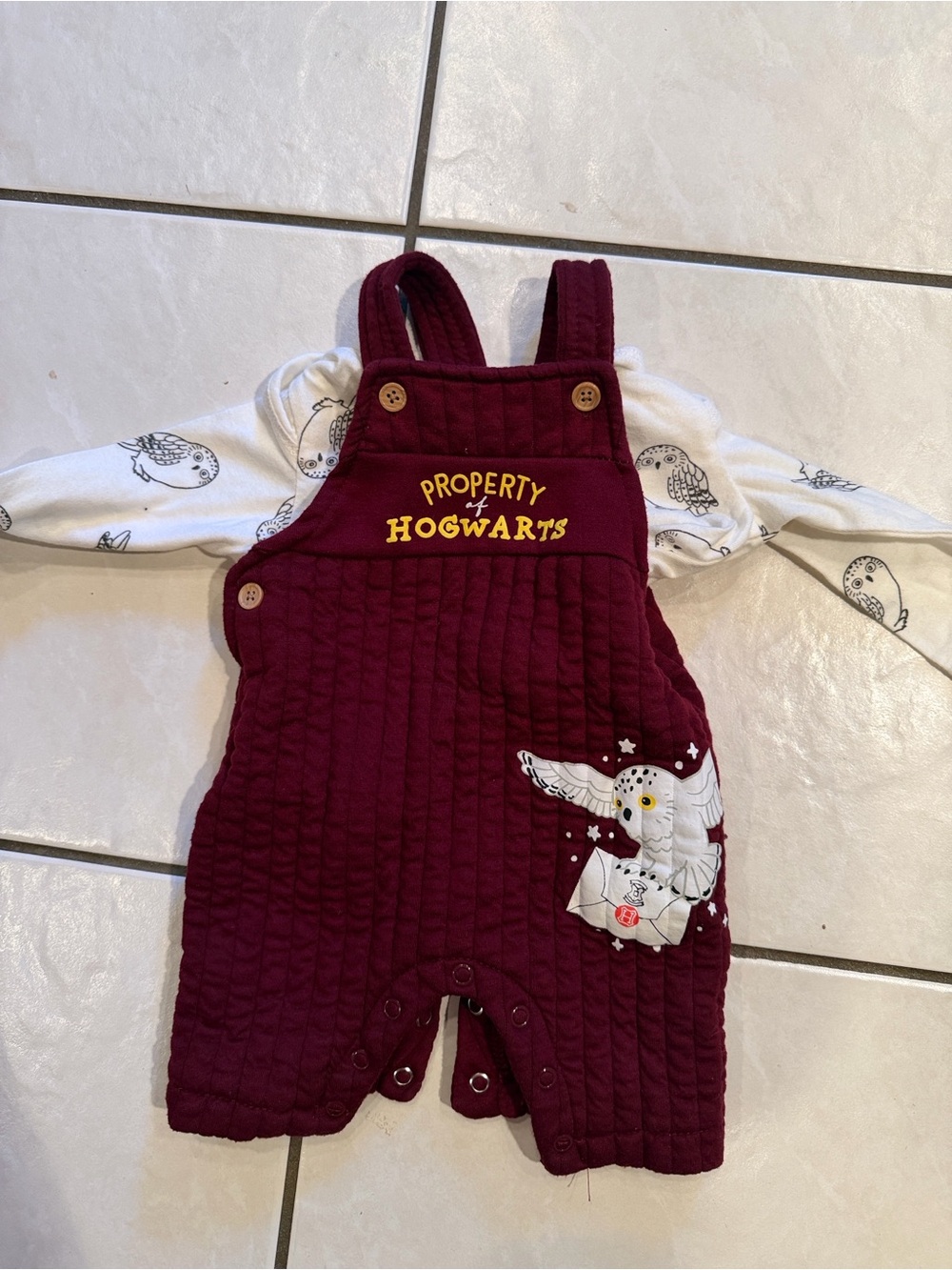 Baby Quilted Overalls Harry Potter Property of Hogwarts Snow Owl Burgundy 0-3mth